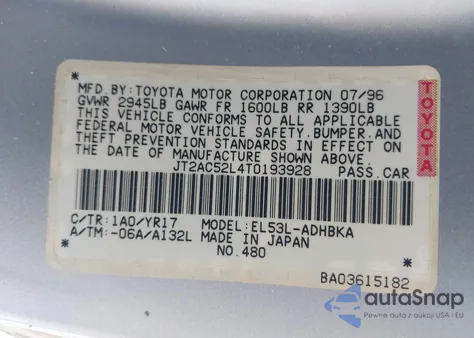 1996 Toyota Tercel Std/Dx z USA, uszkodzony, nr VIN JT2AC52L4T0193928